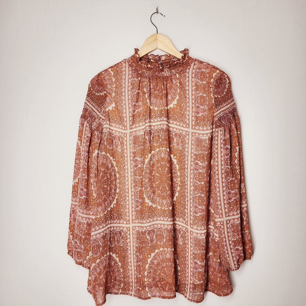 Melloday Orange Patterned Flowy Blouse Size Large